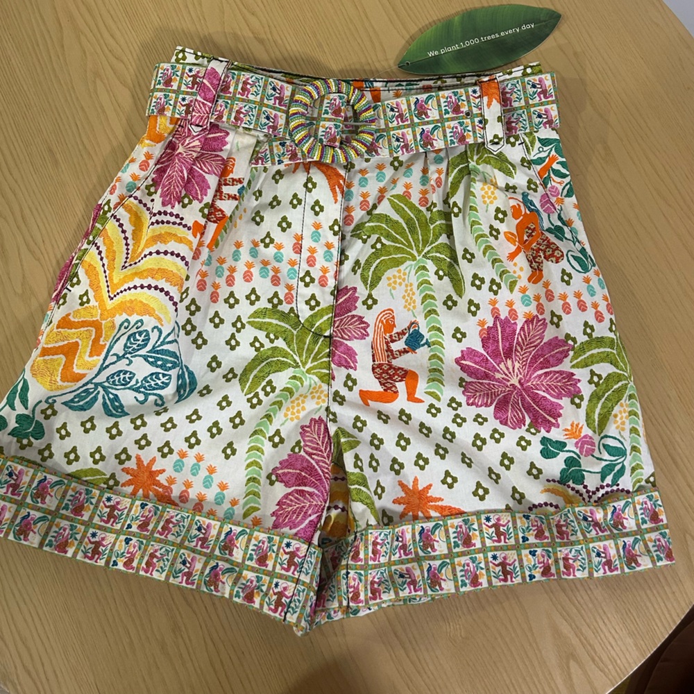 FARM Rio White Floral Print Belted Shorts with Multicolor Embroidery
